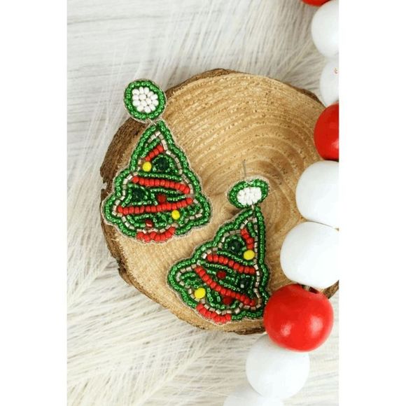Christmas Tinsel Tree Seed Bead Earrings - Picture 1 of 2